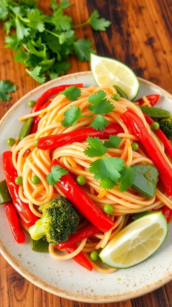 A colorful plate of spicy Thai noodles with vegetables and cilantro on a rustic table.
